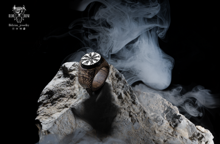 Picture of Handmade Wooden Ring with Onyx: Helm of Awe, Norse Runes, Viking Knotwork