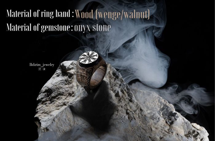 Picture of Handmade Wooden Ring with Onyx: Helm of Awe, Norse Runes, Viking Knotwork