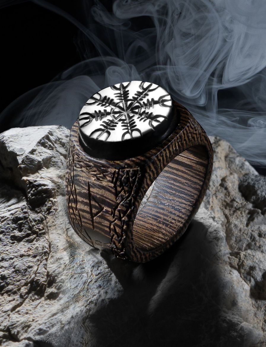 Picture of Handmade Wooden Ring with Onyx: Helm of Awe, Norse Runes, Viking Knotwork